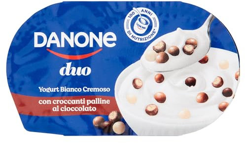 Danone Duo, Yogurt Bianco Cremoso con Croccanti Palline al Cioccolato al Latte e Cioccolato Bianco - 1 Confezione da 98 g