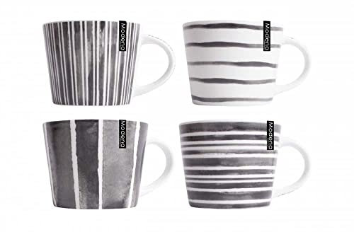 YöL Set Of 4 Mugs Stripe Porcelain Mug Coffee Tea Cup 15oz Home Kitchen Grey White Large Mixed Designs