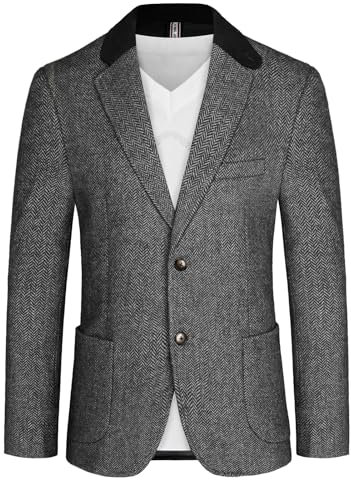 PaulJones Blazer Herren Tweed Sakko aus Wollmischung Vintage Sakko 2 Knöpfe Schwarz L