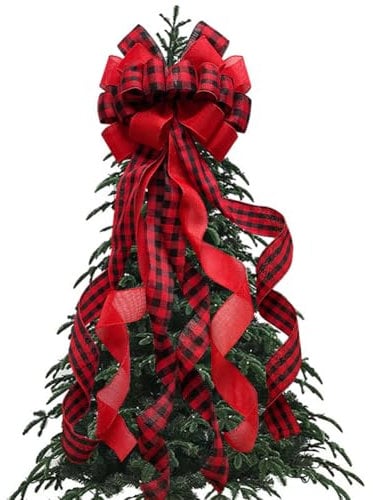 JOYWU Christmas Tree Toppers, 90cm Large Buffalo Plaid Xmas Bows for Tree, Christmas Decoration (red)
