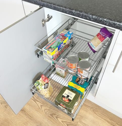 2 x Pull Out Wire Baskets, Set of Two Baskets for Kitchen Base Units, Chrome-Plated Steel, 25 kg Max Load (500mm)