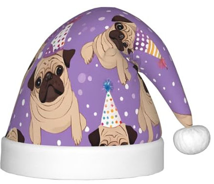 Xdcywbzdbc Lustige Cartoon-Mops-Welpen-Hunde-Weihnachtsmann-Mütze, Kinder-Weihnachtsmannmütze, gehobener Weihnachtsmann-Mütze, Plüsch-Weihnachtsmannmütze, Samt-Oberteil mit künstlichem Wollball,
