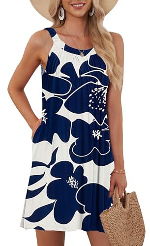 AUSELILY Women's Beach Cover Up Tank Dress Casual Vacation Short Summer Halter Dresses with Pockets White Navy Flower L