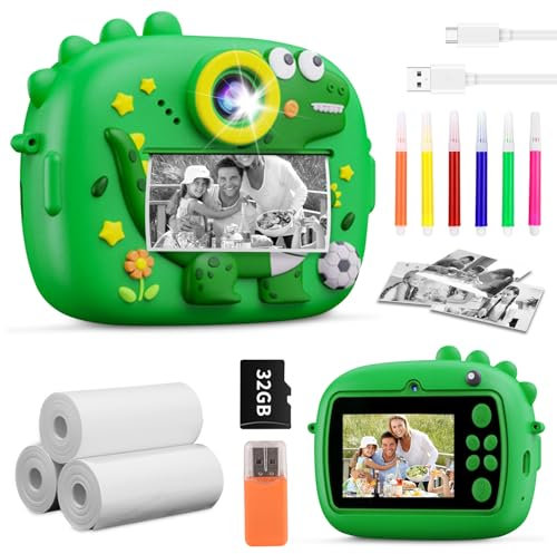 Macchina Fotografica Bambini Dinosauro Istantanea, 2,4 Pollici Digitale Fotocamera Bambini con 32GB Scheda, 48MP/1080P Fotocamera Digitale Bambini Dinosauro, Regali per Ragazzi Ragazze da 3-12 Anni
