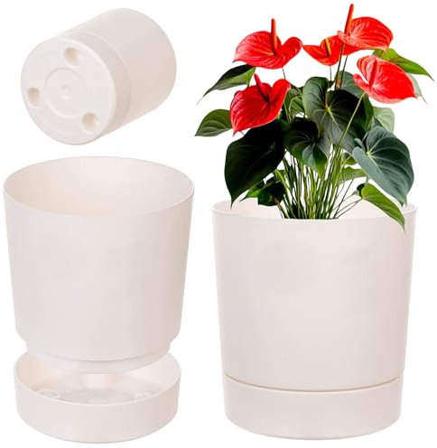 KADAX Blumentopf mit Untersetzer, Durchmesser 27.5cm, Übertopf aus Kunststoff für Innen, Pflanztopf mit Matter Oberfläche für Zimmerpflanzen (Creme)