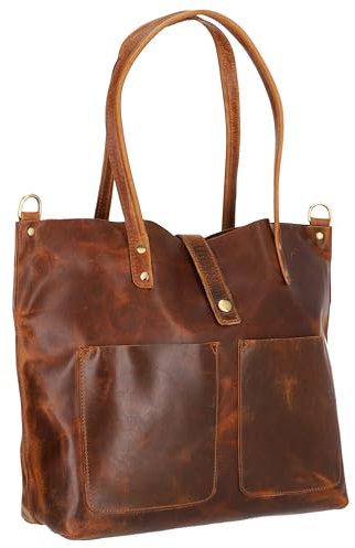 Corno d´Oro Handmade Shopper Tasche Damen aus Premium Leder mit integriertem Taschenorganizer | Große Umhängetasche mit breitem Schultergurt I Schultertasche Juana Vintage Cognac