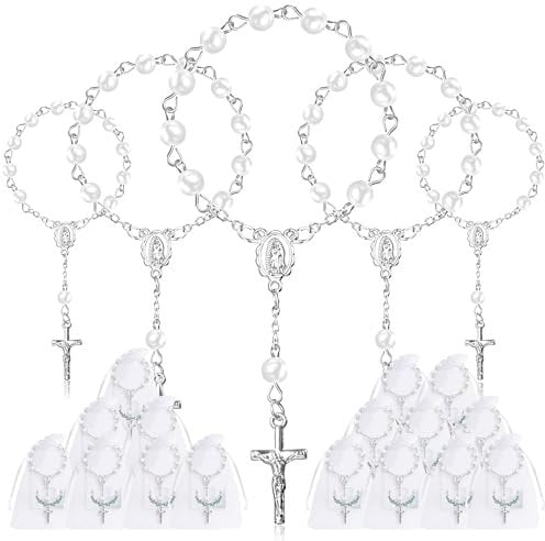 Fyshird 15 Stück Rosenkranz Katholisch mit Kreuz Anhänger Geschenkanhänger Organzabeutel Glücksbringer Armband Gastgeschenke für Taufe Kommunion Konfirmation Hochzeit Auto Party (Silber)