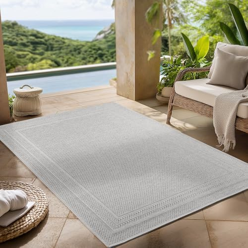Carpettex Outdoor Teppich wetterfest Grau 120x170 cm, UV-beständig, ideal für Küche, Balkon, Terrasse, Garten auch Wohnzimmer und Esszimmer, Einfarbiges Design mit Bordüre