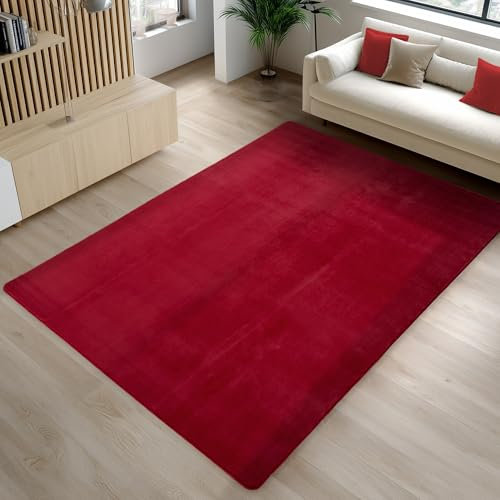 Carpetsale24 Kurzflor Teppich Wohnzimmer 140 x 200 cm Rot - Teppich Waschbar, rutschfest, Weich, modern einfarbig Design - für Schlafzimmer, Küche, Esszimmer