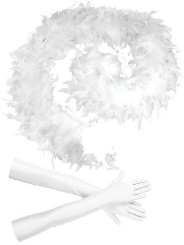 XPEX 1 PCS Weißer Federschal mit 1 Paar weißen 53 cm langen Spandex-Handschuhen, federboa，geeignet für Halloween-Kostüme, Partys, Frauen und Mädchen