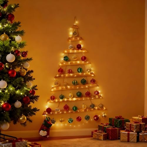 SOONOW Árbol de Navidad para colgar en la pared de 44 pulgadas con luces LED remotas y 36 adornos, árbol de Navidad de madera iluminada para sala de estar, dormitorio, decoración de pared de