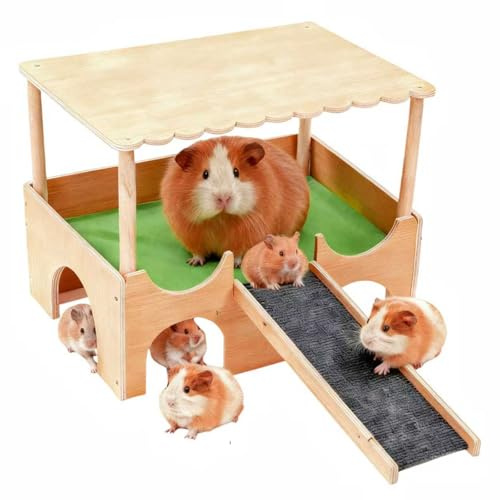ANEELV Maison en bois pour cochon d'Inde avec rampe, 38 x 23,6 x 36 cm | Deux étages, avec rampe antidérapante et tapis pour cacher, se reposer et jouer