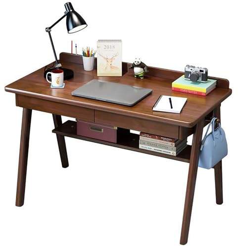 Escritorio Madera con Cajones, Mesa Escritorio Madera con Ganchos Y Divisores, 80/100/120cm Escritorio Madera Maciza Vintage, Mesa para Ordenador para El Hogar,Walnut Color,100cm