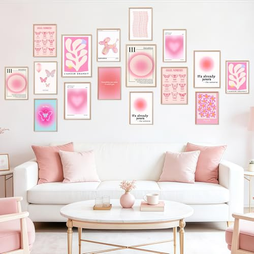 Esoes 16er Aesthetic Poster Set Bilder Rosa Poster Farbverlauf Aura Nummer | Ohne Rahmen Wandbilder Aesthetic Poster Schmetterling Inspirierende Zitate Leinwand Bilder für Teen Mädchen Zimmer Deko