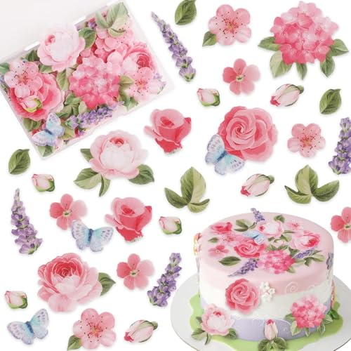 ZWLIYCHN Essbare Blumen für Torte 100 Stück, Essbare Tortendeko Set mit Rose, Blätter, Schmetterling, Essbar Blumen Cupcake Topper für Geburtstag,Hochzeit, Jubiläum, Taufe, Thema Cake Decoration