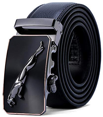 Automatik Gürtel Herren Leder Schwarz, Echt Ledergürtel Herren Jaguar Metall Gürtelschnalle Freizeit & Business Anzuggürtel für Männer 35mm Breit Herrengürtel mit Automatikschließe
