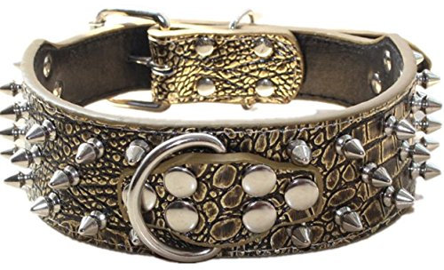 haoyueer Hundehalsband, Leder, mit Stacheln, Nieten, 5,1 cm breit, stilvolles Leder-Hundehalsband für mittelgroße und große Hunde, Pitbull ... (M, Goldbraun)