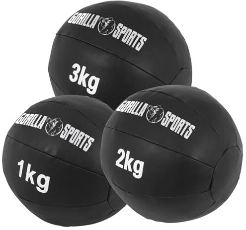 GORILLA SPORTS® Medizinball - 1kg, 2kg, 3kg, 4kg, 5kg, 6kg, 7kg, 8kg, 9kg, 10kg Gewichte, Einzeln/Set, 29cm, aus Leder, Schwarz - Trainingsball, Fitnessball, Gewichtsball, Slam Ball