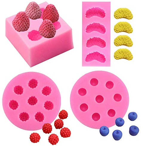 Lot de 4 moules en silicone 3D en forme de fraise, mandarine, segment de mandarine, framboise et myrtille, pour décoration de gâteau, savon, cire, bougie