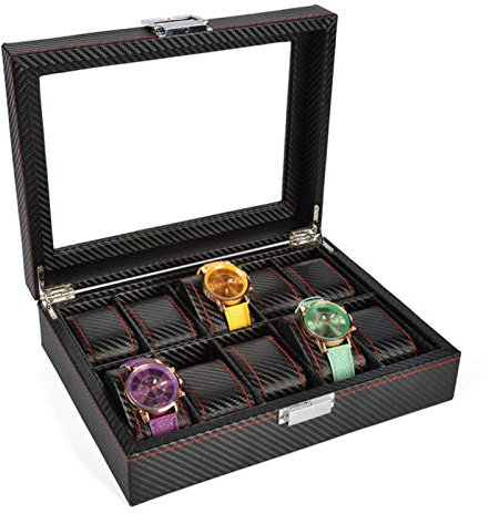 Guolich Uhr Aufbewahrungsbox Uhr Display Halter Gehäuse Leder Kohlefaser Schmuck Armband Sammlung Organizer mit Glasdeckel (10 Slots)