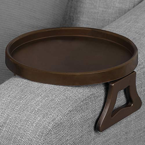 Sofa Arm Table Clip-On Tray for Drinks, Remote & Phone Holder | Cherry color plastic tray. Strong spring clip fits most armrests. Clip on/off in seconds. Holds snacks, remotes, phone.