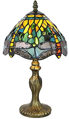 Tokira Tiffany Lampe de Table Libellule, 8 Pouces Verre Multicolore Abat-jour, Vert Vintage Petite Veilleuse Salon Chambre Chevet Restaurant, [Sans Ampoule]