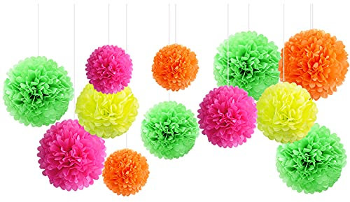 NICROLANDEE Schwarzlicht Party deko – 12 Stück fluoreszierende Neon Seidenpapier Pom Poms für Geburtstag, Hochzeit, Babyparty, Fluoreszierendes deko, Neon deko schwarzlicht Party