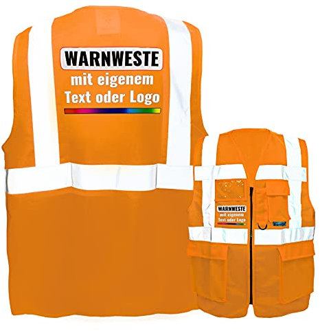 Warnweste mit Reißverschluss und Taschen * Druck auf Rücken + Front/Premium-Druck * Farbe & Größe: Orange/Größe L * Aufdruck selbst gestalten * Bedruckt mit Design Foto Text Logo