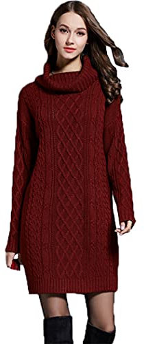 HZQIFEI Vestiti Donna Invernali, Abito in Maglia Aderente Maglione Manica Lunga Vestito Casual Mini Vestiti (Vino Rosso, L)