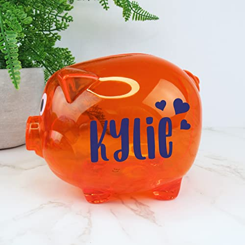 eBuyGB Personalised Transparent Plastic Piggy Bank, Kids Money Box, Saving Money Jar Keepsake for Children, Novelty Gift (Orange)