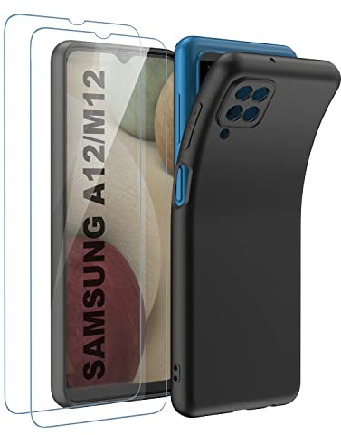 Garegce Coque pour Samsung Galaxy A12 / M12 + 2 x Verre Trempé Protection D'écran, Coque Samsung A12/M12 Ultra Fine Silicone Housse Souple TPU Bumper Anti-dérapante Couqe Galaxy A12/M12 - Noir