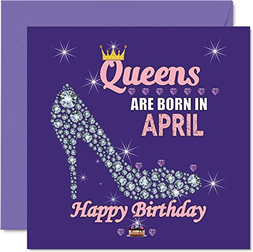 Geburtstagskarten Frauen – Queens Are Born In April – Happy Birthday Cards Ehefrau Freundin Mutter Tochter Schwester Oma Tante Großmutter Freund 145 mm x 145 mm humorvolle Grußkarten Geschenkideen
