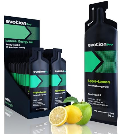 EVOTION PRO High Energy Gel 20 x 60ml - 80kcal 20g Kohlenhydrate pro Packung - Apfel Zitrone - Maltodextrin Power Gel Sport - Liquid Powergel Energy Shot - Energie Laufen Running Marathon Nahrung