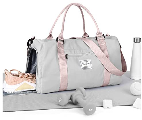 HYC00 Sport Duffel Bag Damen,Handgepäck 45x36x20 für Ryanair Cabin Bags Sporttasche mit Nassfach & Schuhfach Reisetasche Handgepäck Tasche für Easyjet Flugzeug Weekender Bag Schwimmtasche,Grau rosa