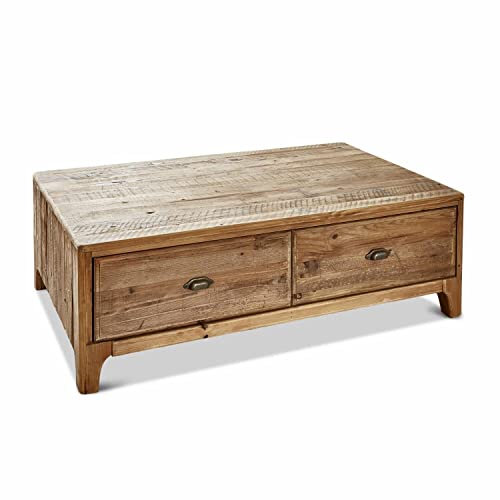 Loberon Couchtisch Wittfield, lebendige Holzmaserung, Vier Schubfächer, Sofatisch mit Stauraum, Wohnzimmertisch, Kiefernholz, Eisen, braun