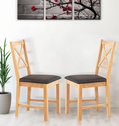 Hallowood Furniture Oak Dining Chairs Set of 2 in Charcoal Grey Padded Seat | Modern & Stylish Cross Back Solid Wooden Oak Small Kitchen Dining Room Chairs in Linen Fabric Seat for Home, Restaurant, Café