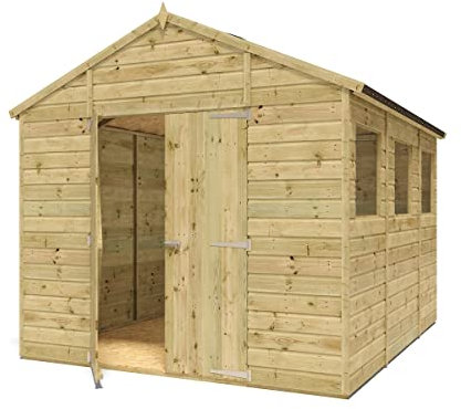 Project Timber 10 x 8 Pressure Treated Modular Hobbyist Tall Apex Wooden Garden Shed - Featuring Tongue & Groove Shiplap Cladding, Windowed Design, and Double Door Access