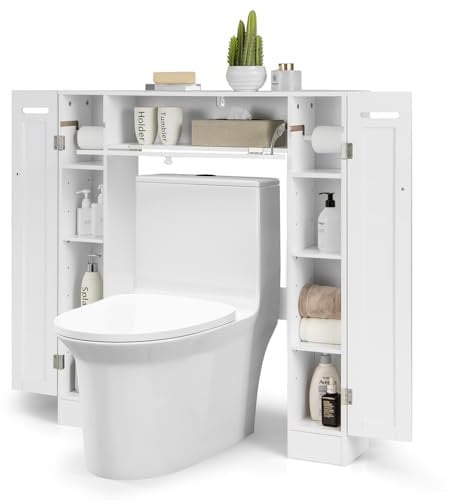 LIFEZEAL Mueble de Almacenamiento Pequeño sobre el Inodoro con 2 Portarrollos, Armario sobre Inodoro con Estantes Ajustables y 6 Compartimentos, Mueble de Baño de Madera, 89x19,5x99cm, Blanco
