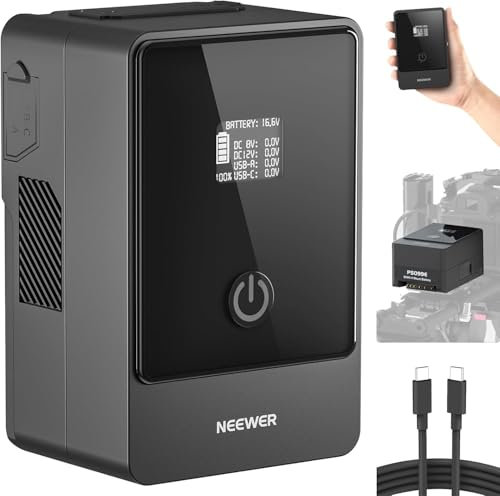NEEWER V Mount Akku PS099E Battery mit Typ C Kabel, 6800mAh 99Wh 14,5V Mini V Lock mit OLED Display, Schnellladung 65W PD USB C, D Tap/BP/USB A/DC Ausgang für Video Kamera Monitor Camcorder Filmmaking