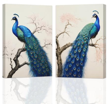 ZXHYWYM Pfauen Wandbild 2 teilig blauer Pfau mit Blume Leinwanddruck elegante Pfauenbilder schöne Vögel Gemälde für Heimdekoration mit Rahmen (40x60cmx2)