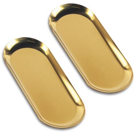 Tablett Gold, 2 STK Serviertablett, Goldene Dekotablett, Deko Tablett Gold, Ovale Schmuck Tablett, Ablageschale, Dekoschale Edelstahl, Schmuckschale für Kosmetik Obst Dessert Kerzen, 23x9,5 cm