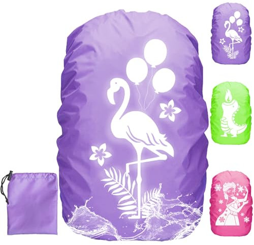 LUKIUP Regenschutz für Rucksack Schulranzen 30-40L, Flamingo Regenschutz Schulranzen, Reflektor Schulranzen Regenhülle Lila für Kinder auf dem Schulweg Wandern, Camping, Radfahren
