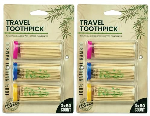DecorRack 6 dispenser per stuzzicadenti da viaggio con 300 porta stuzzicadenti in bambù naturale, contenitore portatile in legno a punta singola con coperchi, mini supporti trasparenti (confezione da