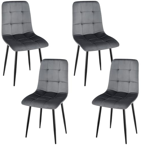 WAFTING 4er Set Gepolsterte Esszimmerstühle mit Hoher Rückenlehne | Samtbezug, Metallfüße und Schachbrettmuster, Geeignet für Esszimmer, Küche und Wohnzimmer, Dunkelgrau