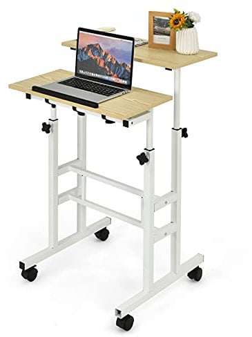 COSTWAY Height Adjustable Standing Desk, Mobile Laptop Table Computer Desk with Flip-over Desktop and Wheels, 2-Tier Laptop Cart Sit Stand Desk Writing Workstation for Home Office (Natural+White)