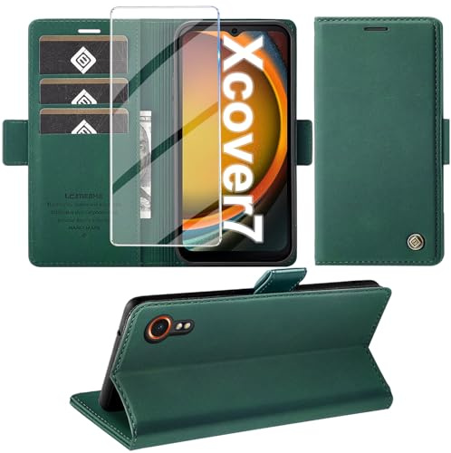 Giyer Handyhülle für Samsung Galaxy Xcover 7 Hülle mit Displayschutzfolie, Schutzhülle Galaxy Xcover 7 PU Leder Wallet Flip Case Ständer Kartenfach Klapphülle für Samsung Xcover 7 Tasche (Grün)