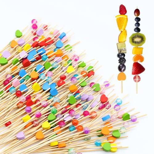 ZYNERY 200 Stück Cocktailspieße, 12cm Farbige Herz Cocktailspieße, Bunter Acrylperle Cocktailspieße, für Kuchen, Käse, Braten, Fingerfood, Party, Fasching, Cocktailparty (100 Herz + 100 Acrylperle)