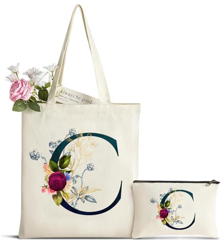 Personalizadas Inicial Bolsa de Lona, Bolso Tote de Mujer con Inicial y Flores, Bolsa de Compras con Bolso de Cosméticos, Regalos para Damas Amigas Mamá, Regalo de Cumpleaños Boda Navidad C