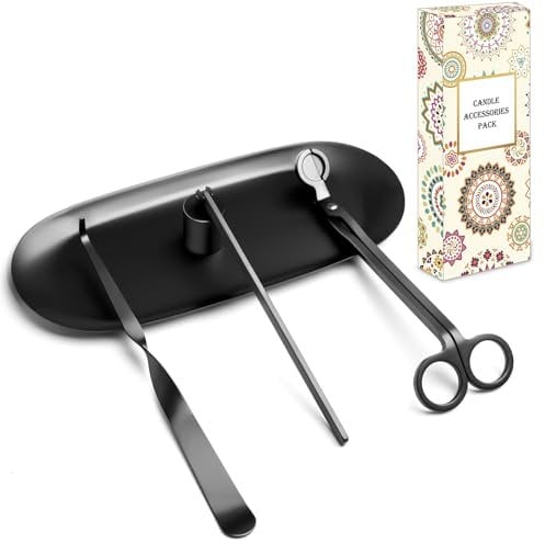 burtok 4-IN-1 Kerzenzubehör Set – Elegantes Edelstahl-Kerzenpflegewerkzeug mit Kerzenlöscher, Dochtschere, Dochtzieher und Kerzenuntersetzer, Kerzenliebhaber, Schwarz
