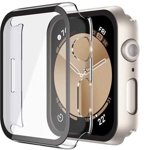 Piuellia 2 Pack Hard Case with HD Tempered Glass Screen Protector for Apple Watch SE3/SE2/SE/Series 6/Series 5/Series 4 (40mm), Anti-Scratch PC Protective Cover for iWatch, 1 Starlight + 1 Transparent